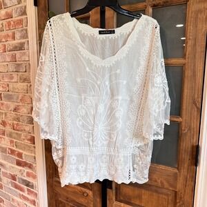Ana & Rose Blouse Women 1X White Embroidered Lace Mesh Boho Kimono Sleeve Top